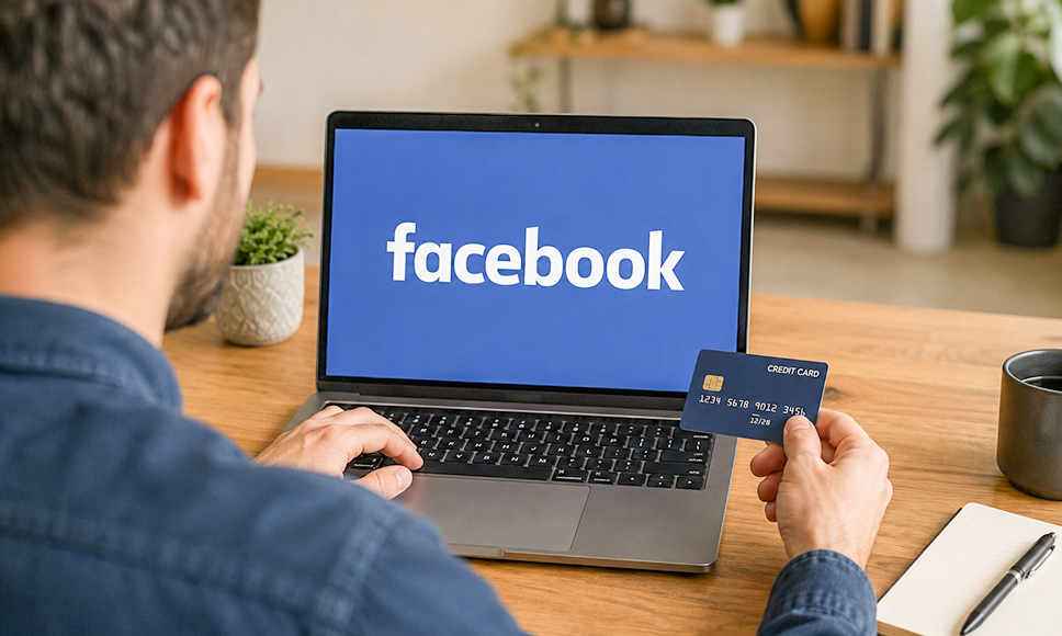 Un uomo di spalle usa un portatile con il logo Facebook tenendo in mano una carta di credito.