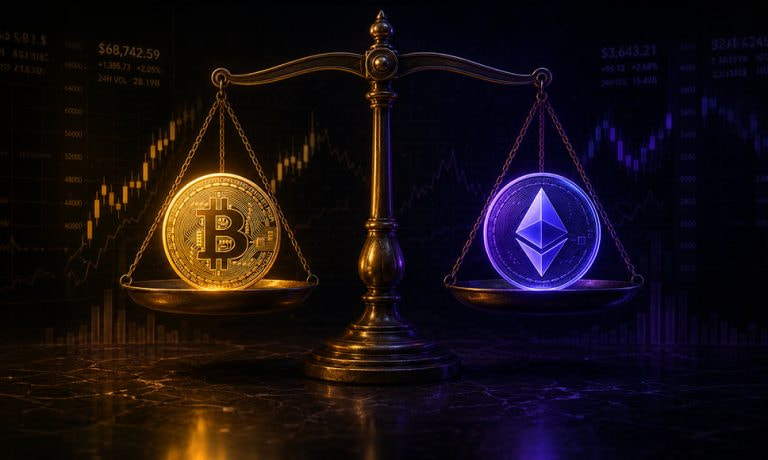 Bilancia con logo Bitcoin ed Ethereum