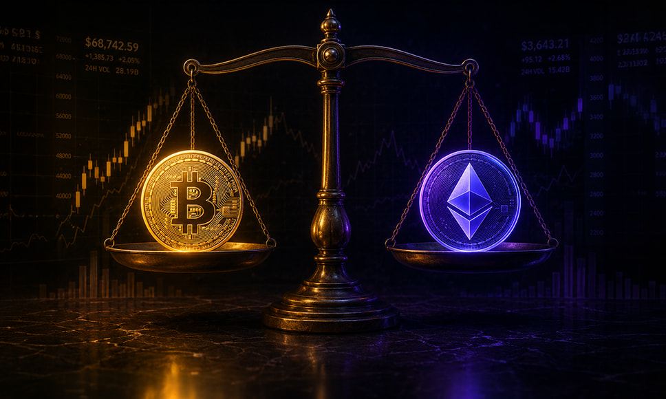 Bilancia con logo Bitcoin ed Ethereum