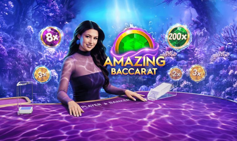 Dealer al tavolo di Amazing Baccarat con moltiplicatori e sfondo subacqueo viola.