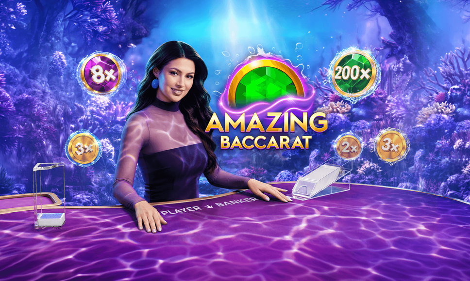 Dealer al tavolo di Amazing Baccarat con moltiplicatori e sfondo subacqueo viola.