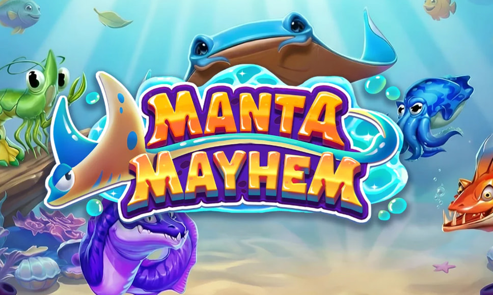 Il logo della slot Manta Mayhem con le creature degli abissi marini del gioco, tra cui la manta.