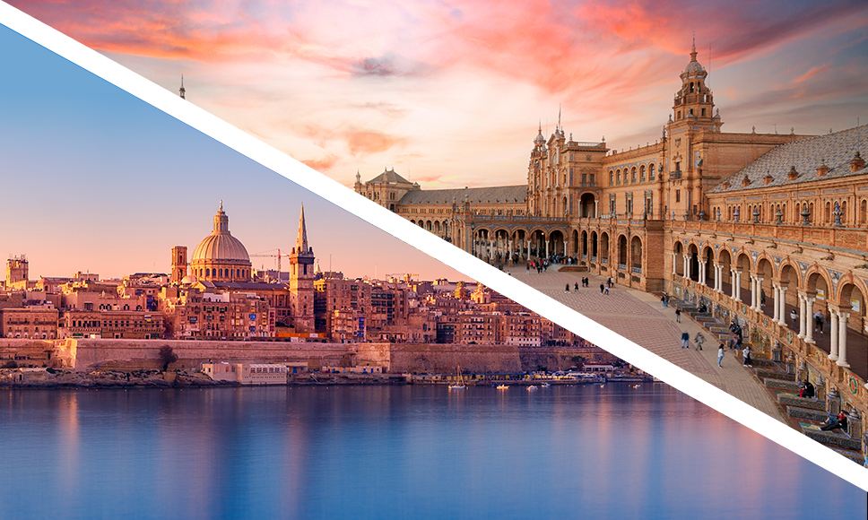 A sinistra, panorama di La Valletta a Malta e a destra Plaza de España a Siviglia.