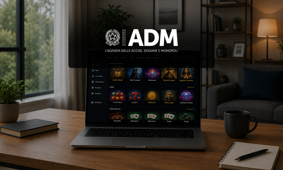 Laptop con gioco da casinò e logo ADM