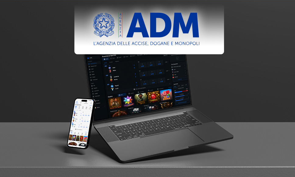Smartphone e laptop con giochi da casinò e scommesse online, logo ADM
