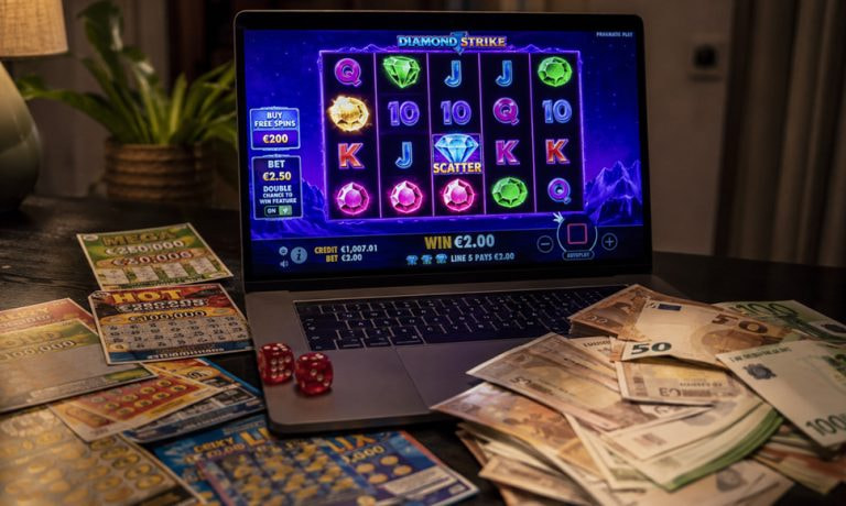 Laptop con slot, tagliandi Gratta e Vinci e soldi