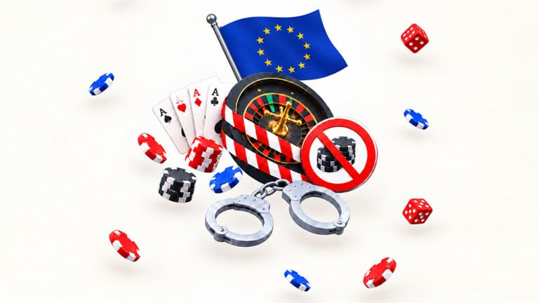 Manette, carte da poker, roulette, fiches, dadi e bandiera dell’Europa