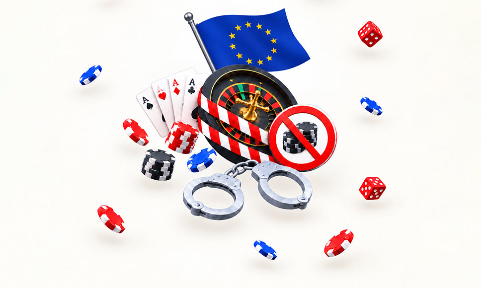 Manette, carte da poker, roulette, fiches, dadi e bandiera dell’Europa