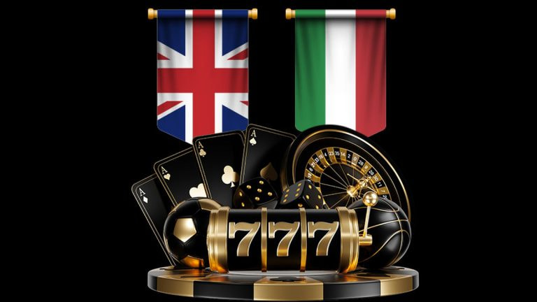 Giochi da casinò, palloni, bandiera inglese e bandiera italiana