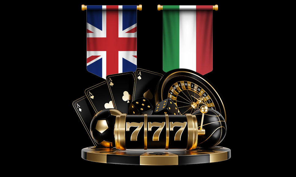 Giochi da casinò, palloni, bandiera inglese e bandiera italiana