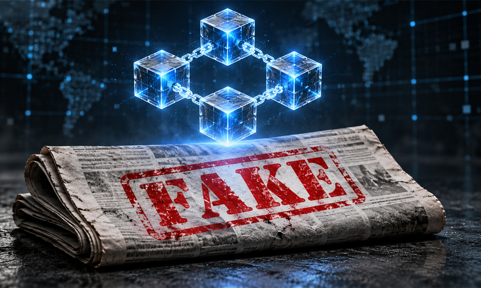 Blockchain, giornale con scritta Fake