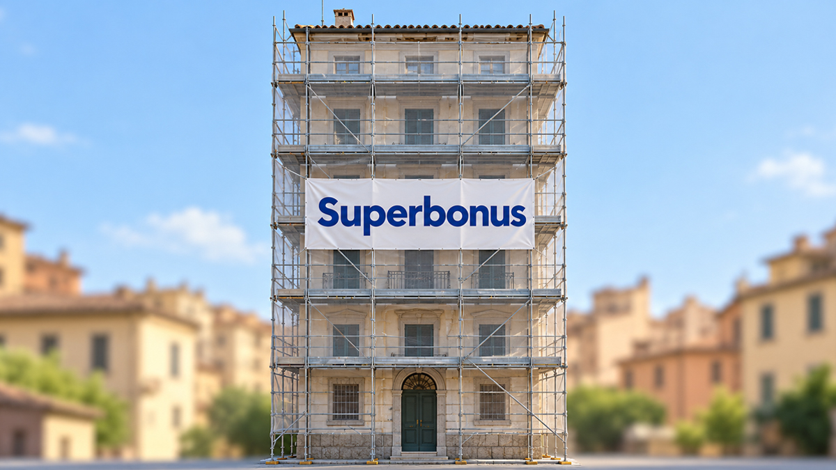 Palazzo con ponteggi e scritta Superbonus